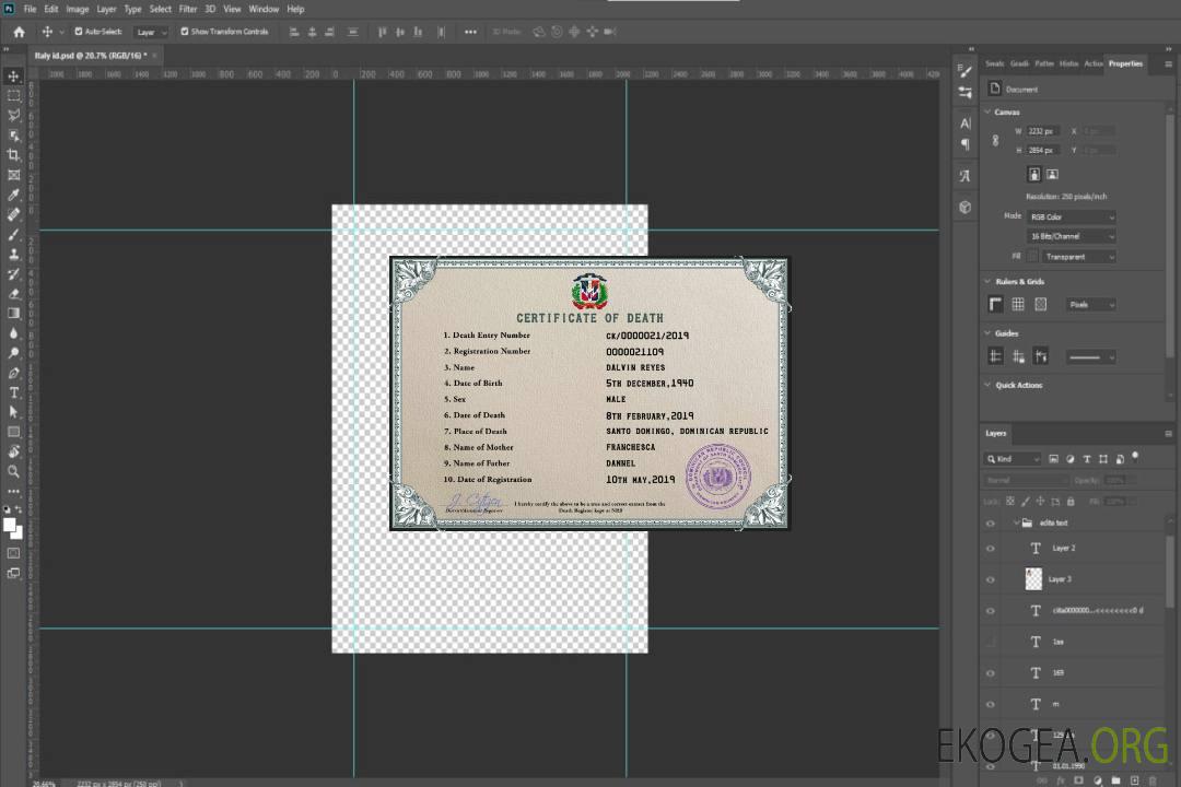 Modèle PSD de certificat de décès de l'état civil de la République Dominicaine template